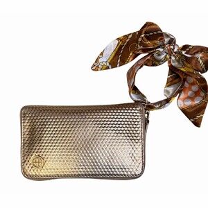 Tory Burch Wallet Wristlet Rose Gold Zip-Around With Non Branded Scarf Bow Strap